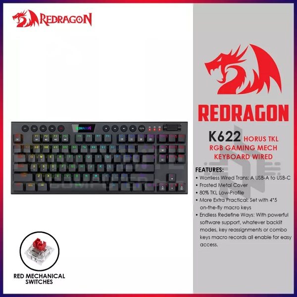 کیبورد گیمینگ ردراگون مدل K622 HORUS-TKL WIRED RGB